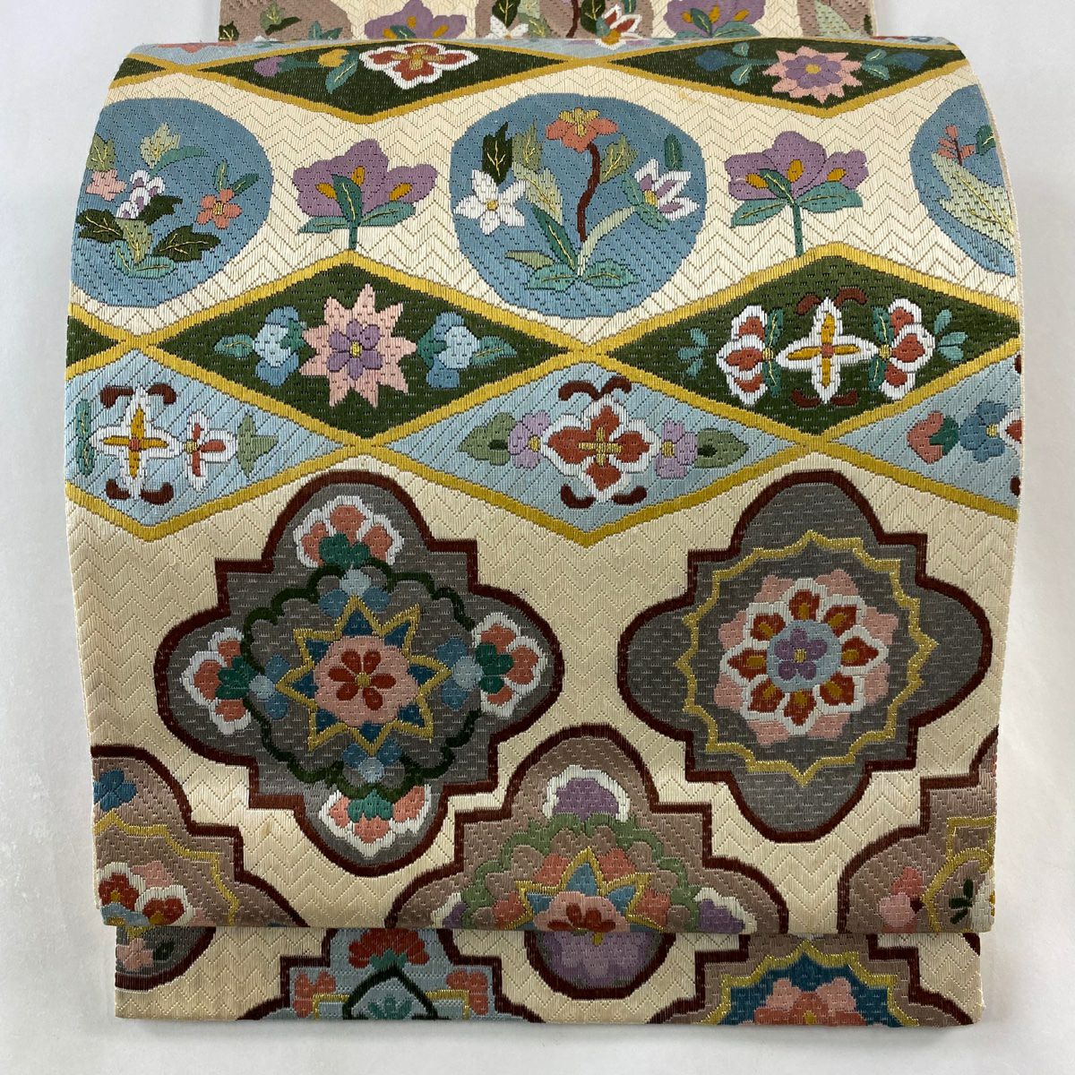 【庫存清倉】 袋帶 逸品級 華紋 草花紋紋 刺繡 金線 米色 全通 純蠶絲