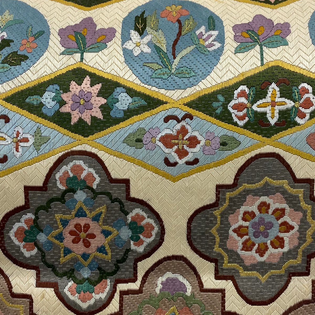 【庫存清倉】 袋帶 逸品級 華紋 草花紋紋 刺繡 金線 米色 全通 純蠶絲