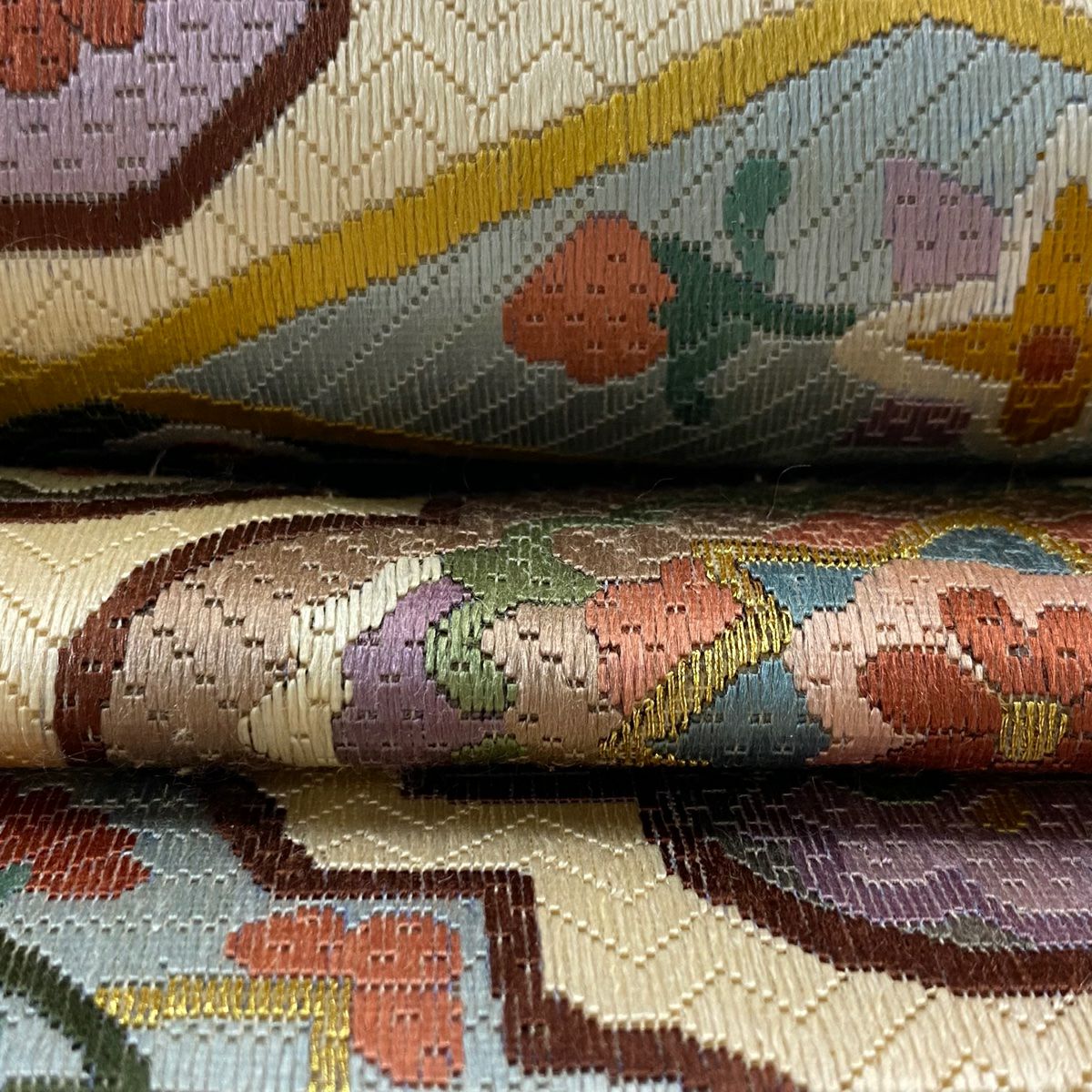 【庫存清倉】 袋帶 逸品級 華紋 草花紋紋 刺繡 金線 米色 全通 純蠶絲