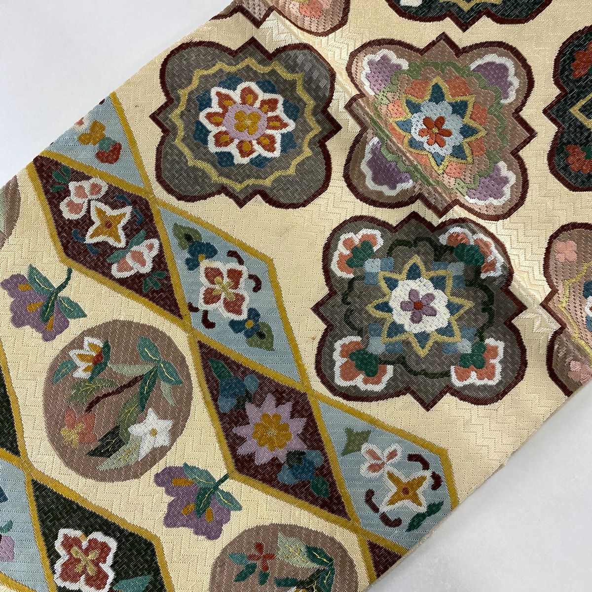 【庫存清倉】 袋帶 逸品級 華紋 草花紋紋 刺繡 金線 米色 全通 純蠶絲