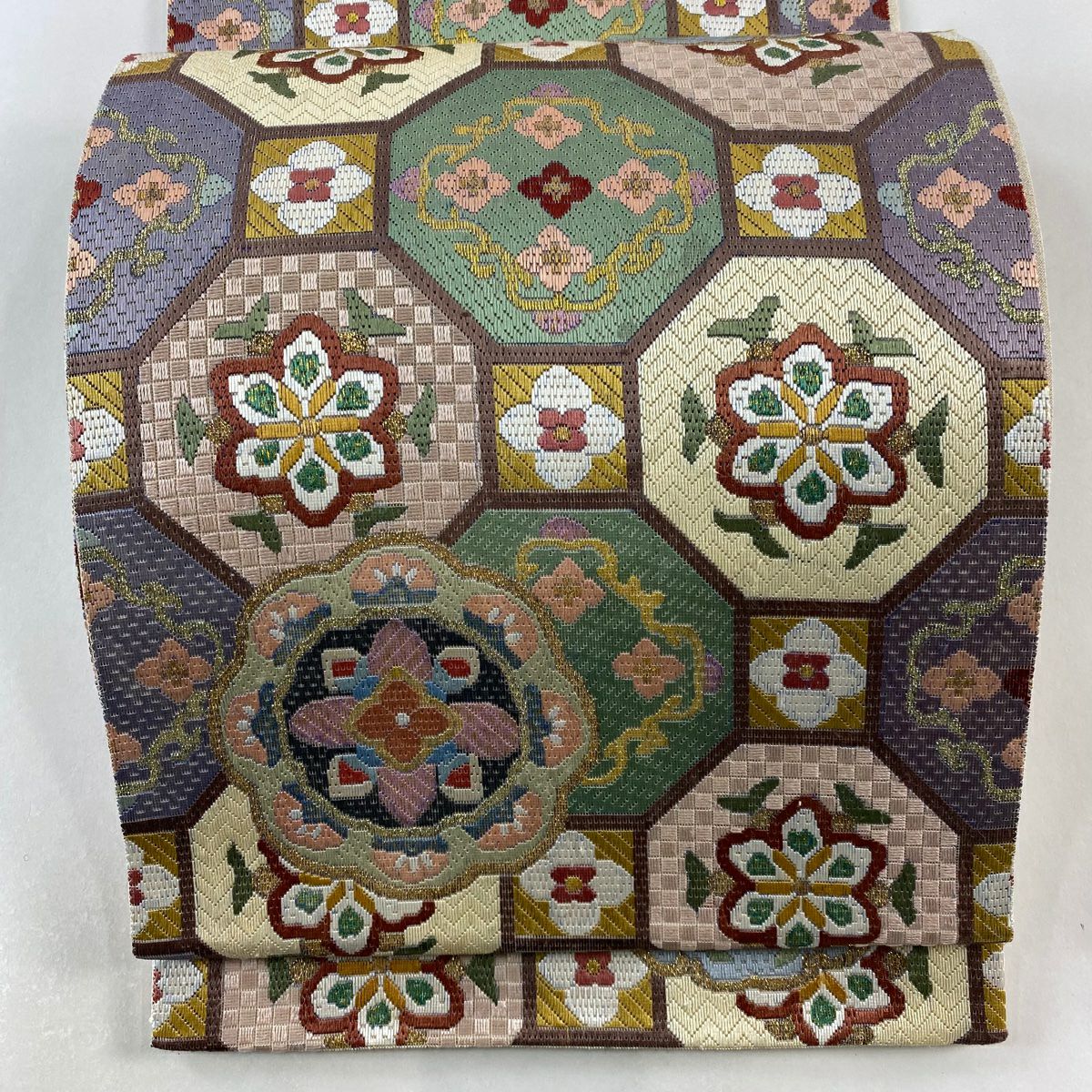 【庫存清倉】 袋帶 逸品級 蜀江華紋 刺繡 金金箔 灰紫 全通 純蠶絲