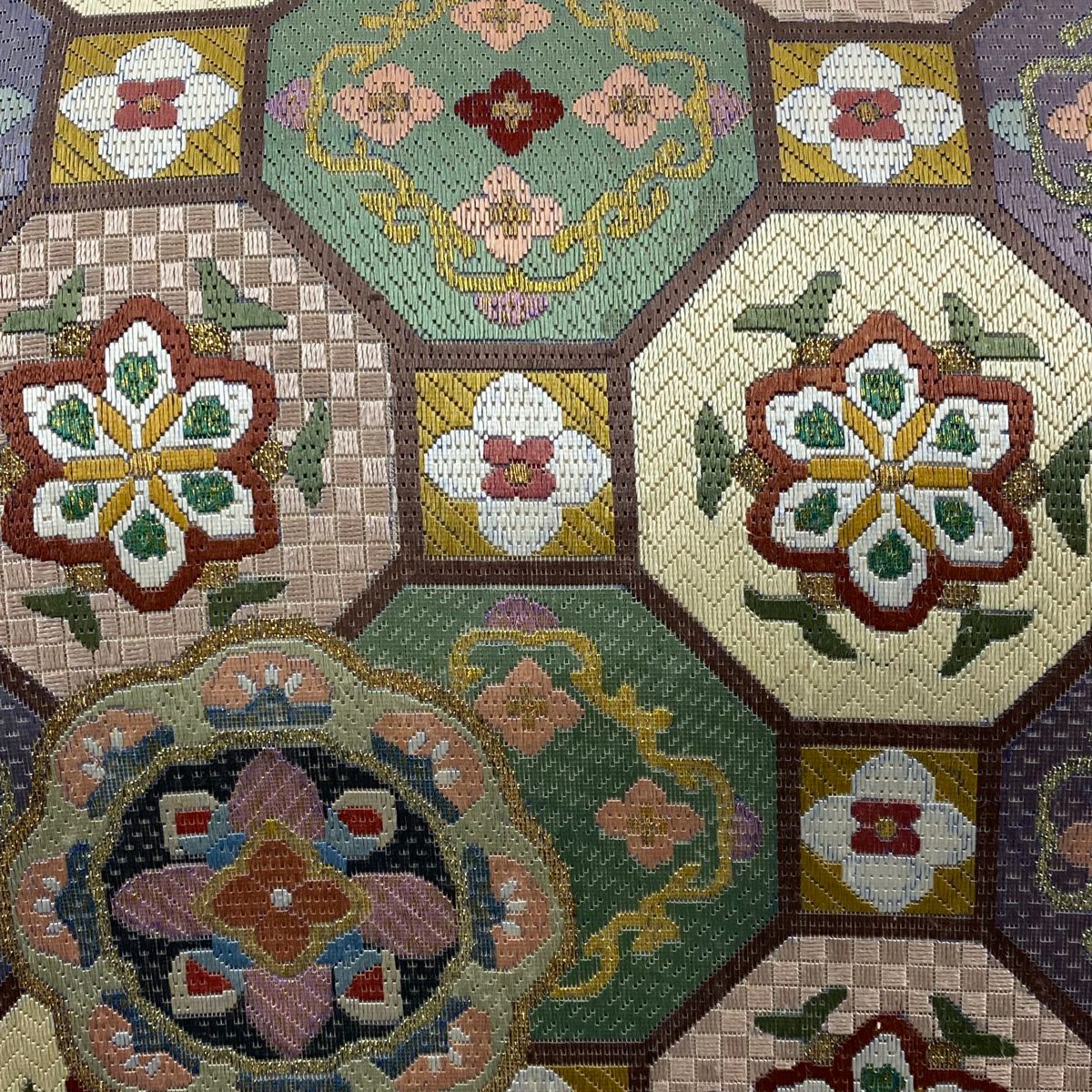 【庫存清倉】 袋帶 逸品級 蜀江華紋 刺繡 金金箔 灰紫 全通 純蠶絲