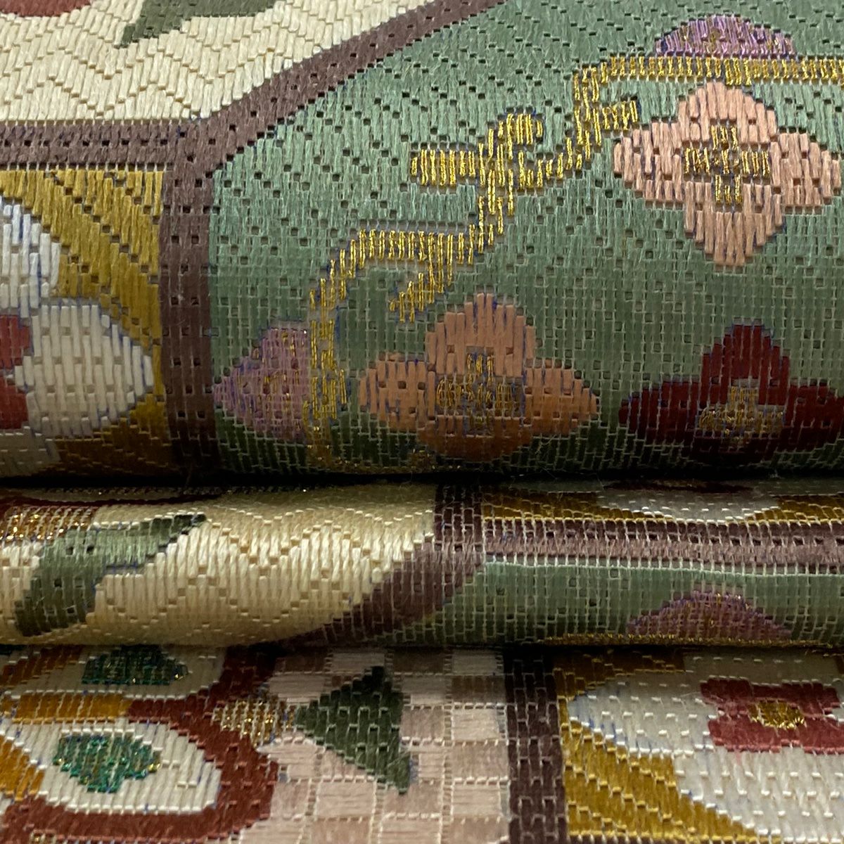 【庫存清倉】 袋帶 逸品級 蜀江華紋 刺繡 金金箔 灰紫 全通 純蠶絲