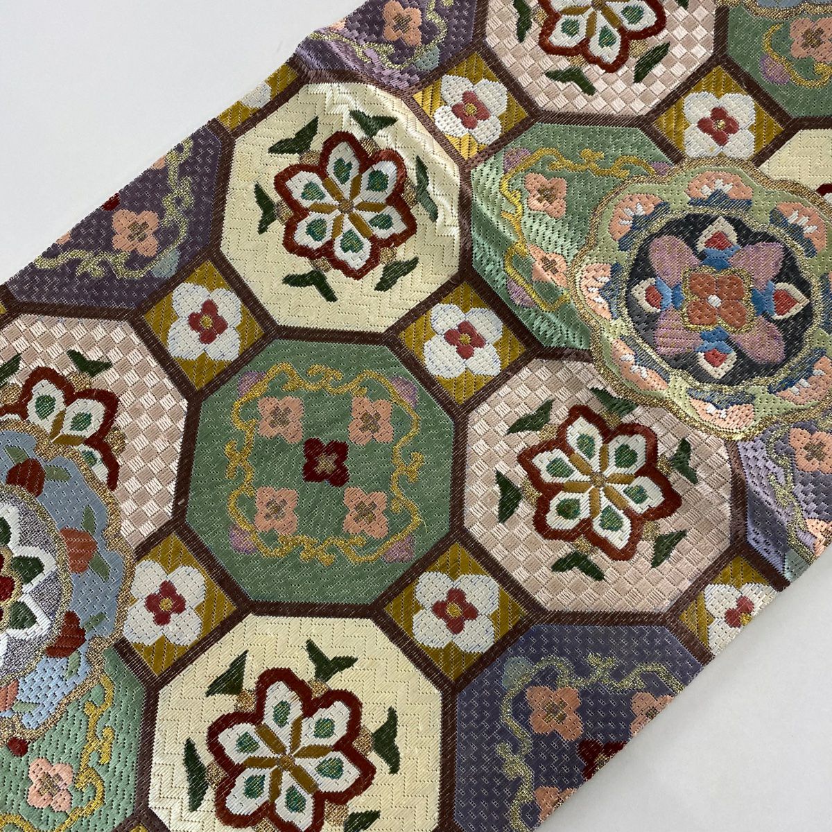 【庫存清倉】 袋帶 逸品級 蜀江華紋 刺繡 金金箔 灰紫 全通 純蠶絲