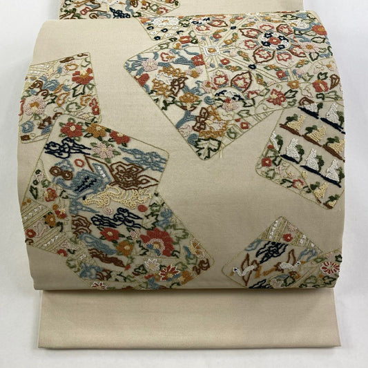【庫存清倉】 袋帶 逸品級 色紙 動物 金絲 相良刺繡 米色 大鼓圖案 純蠶絲
