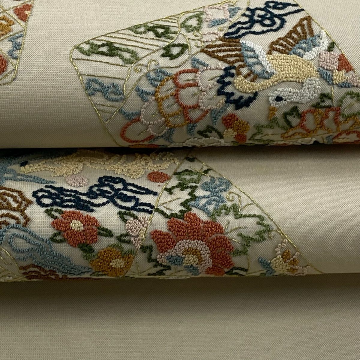 【庫存清倉】 袋帶 逸品級 色紙 動物 金絲 相良刺繡 米色 大鼓圖案 純蠶絲