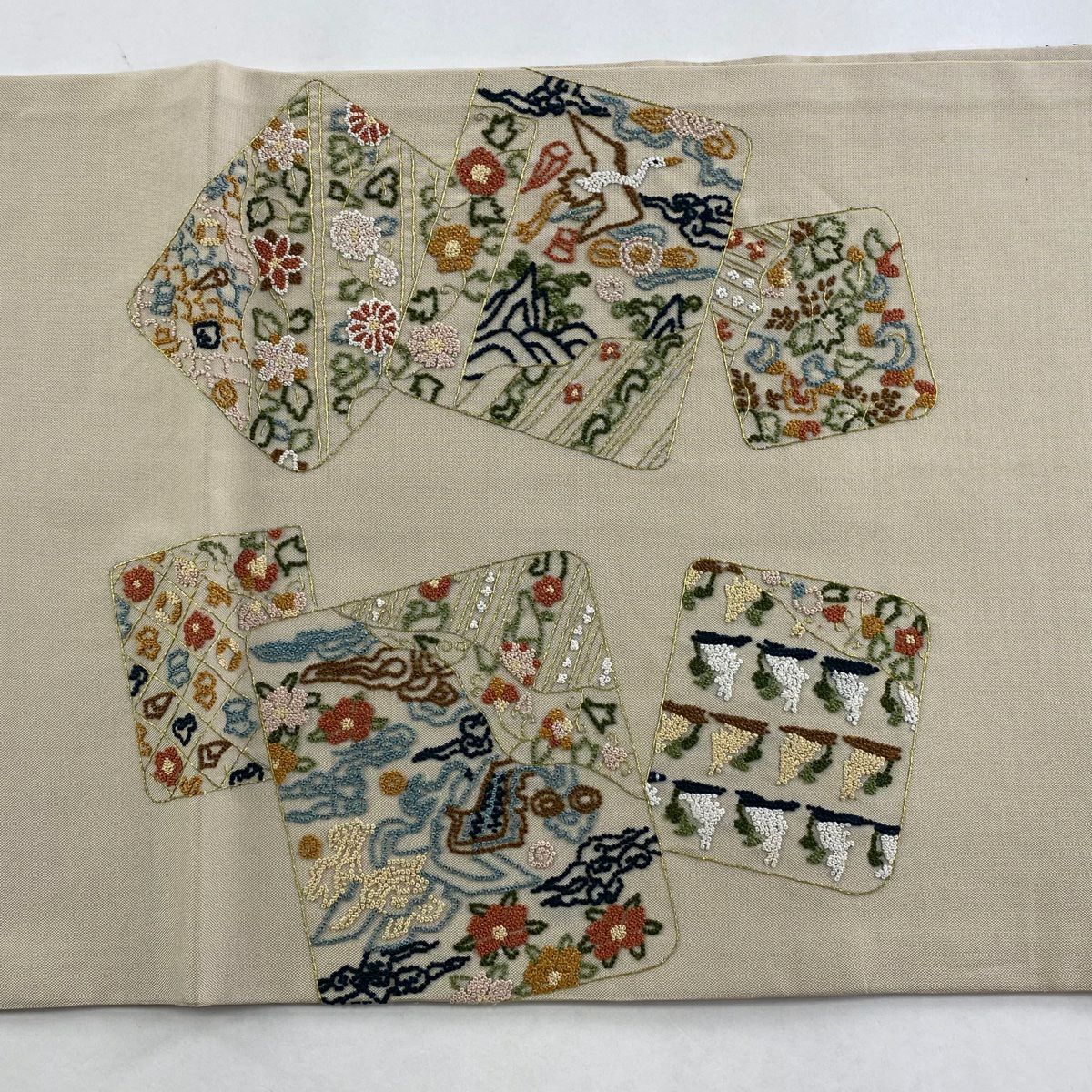 【庫存清倉】 袋帶 逸品級 色紙 動物 金絲 相良刺繡 米色 大鼓圖案 純蠶絲