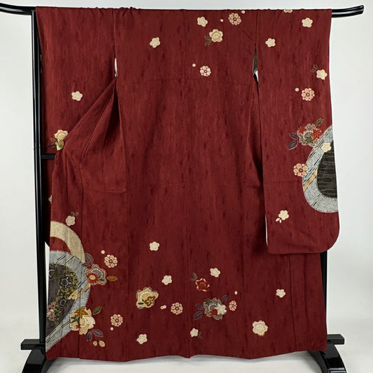 【庫存清倉】振袖禮服 身長163.5cm 袖長67.5cm L 雙層 櫻花 梅花花 金銀彩 紅茶 純蠶絲 名品級