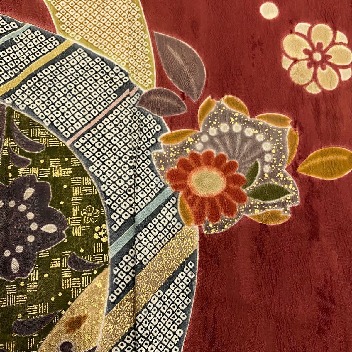 【庫存清倉】振袖禮服 身長163.5cm 袖長67.5cm L 雙層 櫻花 梅花花 金銀彩 紅茶 純蠶絲 名品級