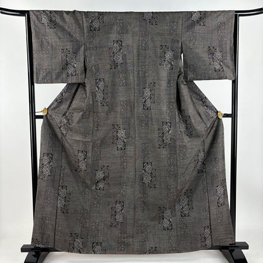 【庫存清倉】 大島紬織 身長151.5cm 袖長64cm M 雙層 證書附帶 華紋 唐草紋 灰茶 純蠶絲 美品 名品級