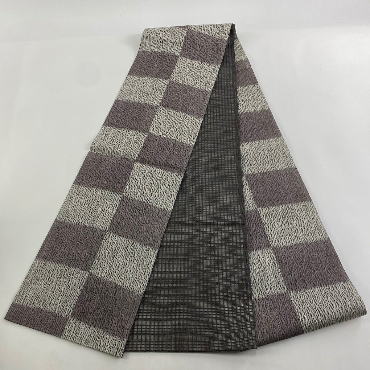【庫存清倉】 袋帶 美品 名品級 變形市松樹 雜亂條紋 銀線 灰紫 全通 純蠶絲