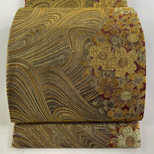 【庫存清倉】 袋帶 美品 名品級 桂由美 落款 草花紋 流水 金絲 金金箔 金色 全通 純蠶絲