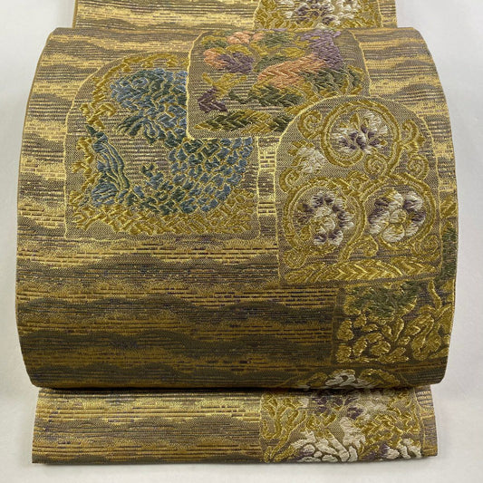 【庫存清倉】 袋帶 美品 名品級 花兔 花唐草紋 金絲 金金箔 金 六通 純蠶絲
