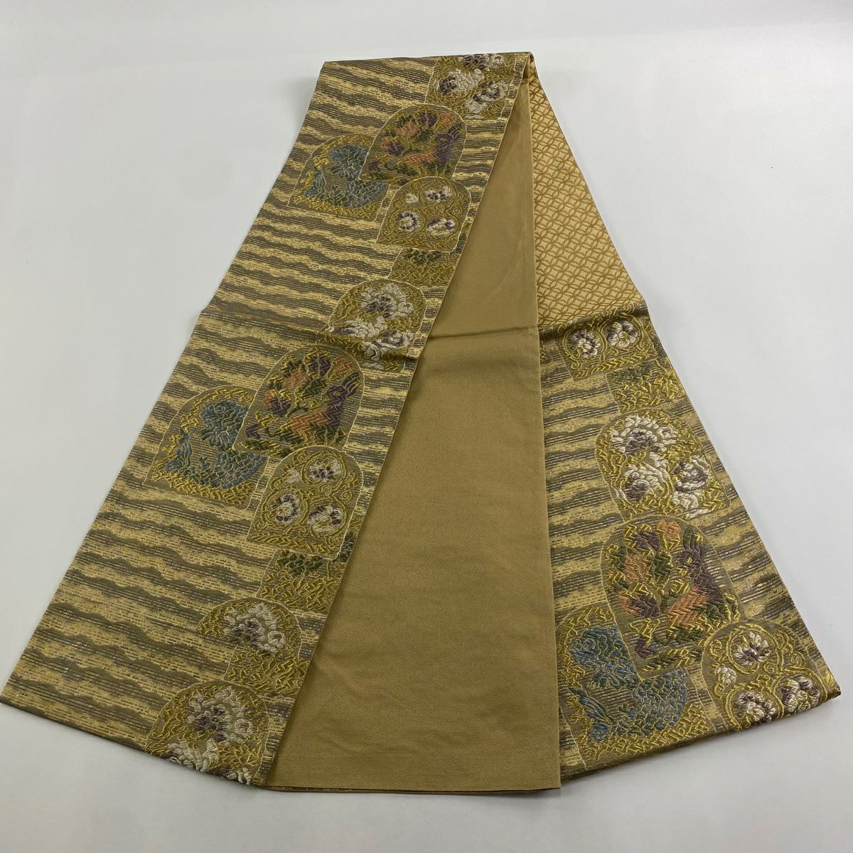 【庫存清倉】 袋帶 美品 名品級 花兔 花唐草紋 金絲 金金箔 金 六通 純蠶絲