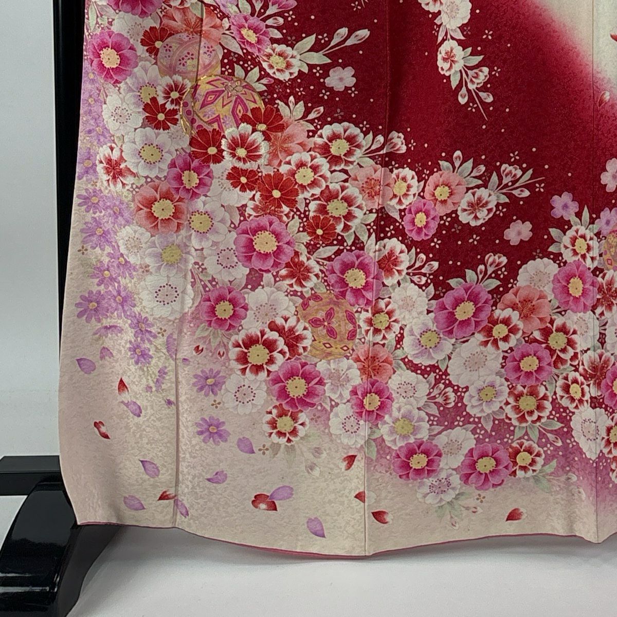 【庫存清倉】振袖禮服 身長166cm 袖長67cm M 雙層 手鞠 櫻花 銀通 金銀彩 紅 純蠶絲 逸品級