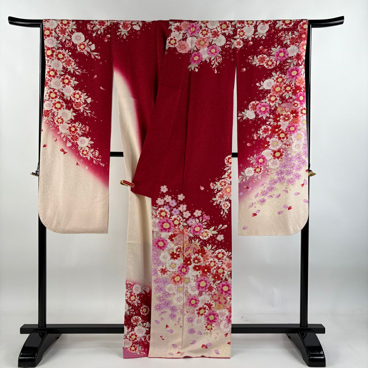 【庫存清倉】振袖禮服 身長166cm 袖長67cm M 雙層 手鞠 櫻花 銀通 金銀彩 紅 純蠶絲 逸品級