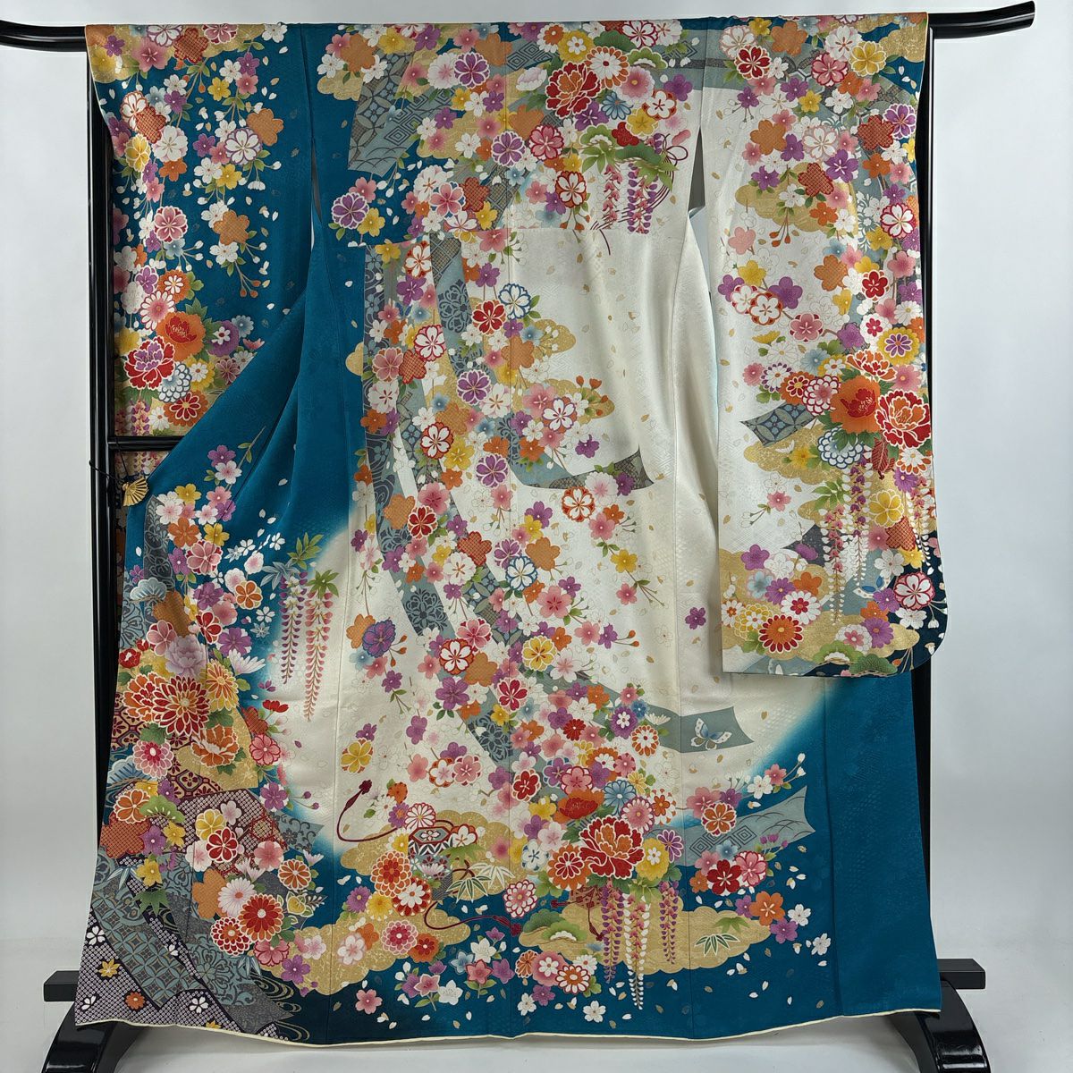 【庫存清倉】振袖禮服 身長167cm 袖長66cm M 雙層 草花紋紋 短冊 銀通 金銀彩 青綠 純蠶絲 美品 逸品級