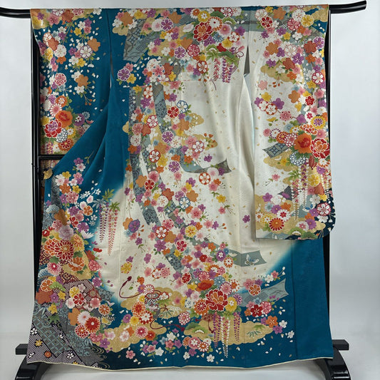 【庫存清倉】振袖禮服 身長167cm 袖長66cm M 雙層 草花紋紋 短冊 銀通 金銀彩 青綠 純蠶絲 美品 逸品級