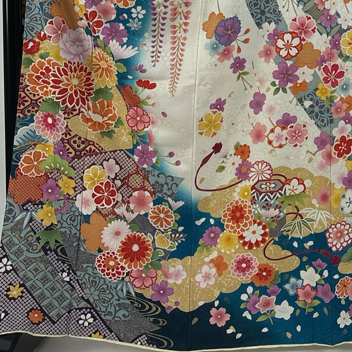 【庫存清倉】振袖禮服 身長167cm 袖長66cm M 雙層 草花紋紋 短冊 銀通 金銀彩 青綠 純蠶絲 美品 逸品級