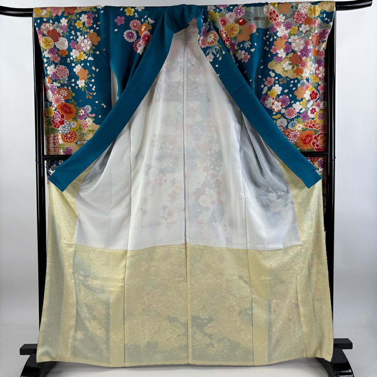 【庫存清倉】振袖禮服 身長167cm 袖長66cm M 雙層 草花紋紋 短冊 銀通 金銀彩 青綠 純蠶絲 美品 逸品級