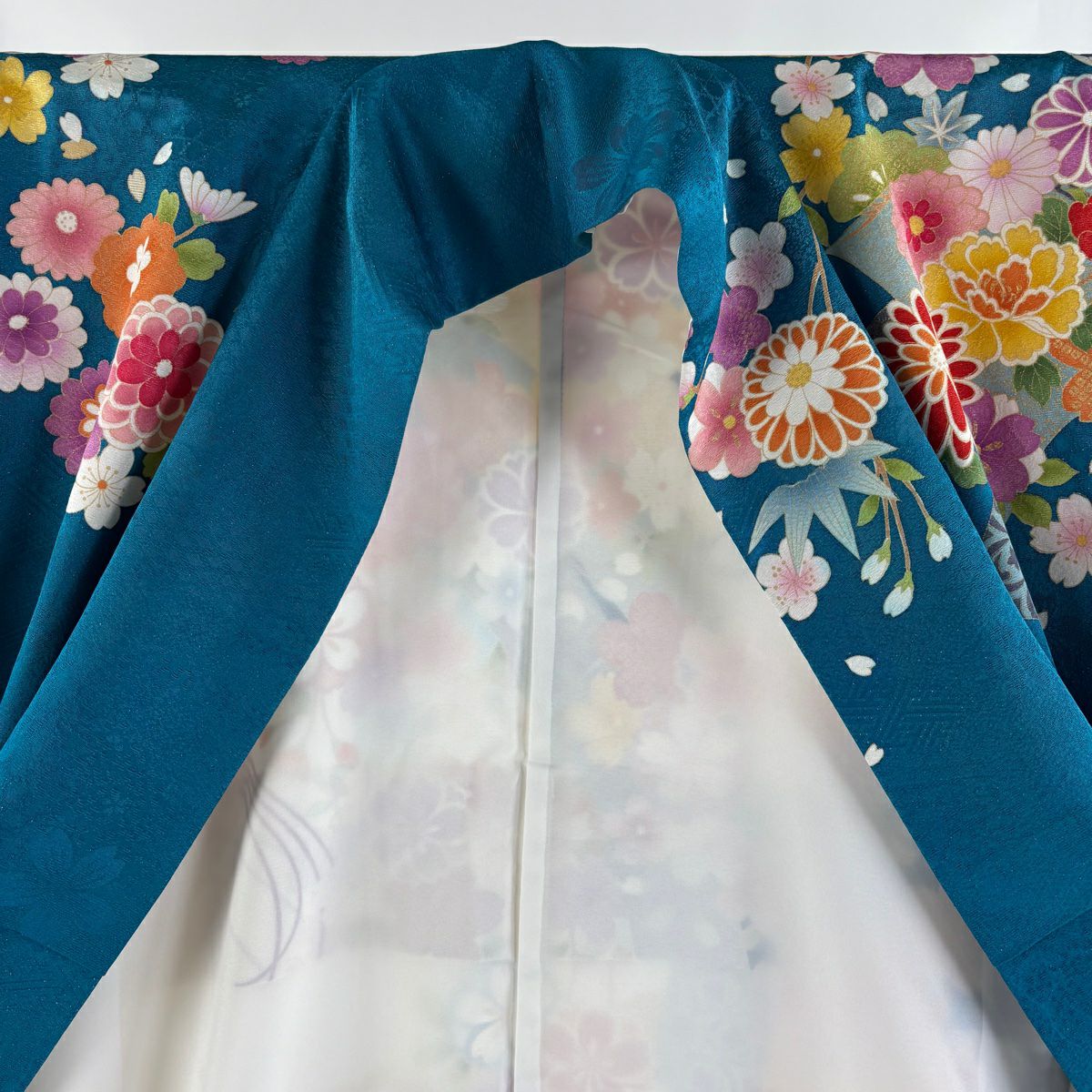 【庫存清倉】振袖禮服 身長167cm 袖長66cm M 雙層 草花紋紋 短冊 銀通 金銀彩 青綠 純蠶絲 美品 逸品級