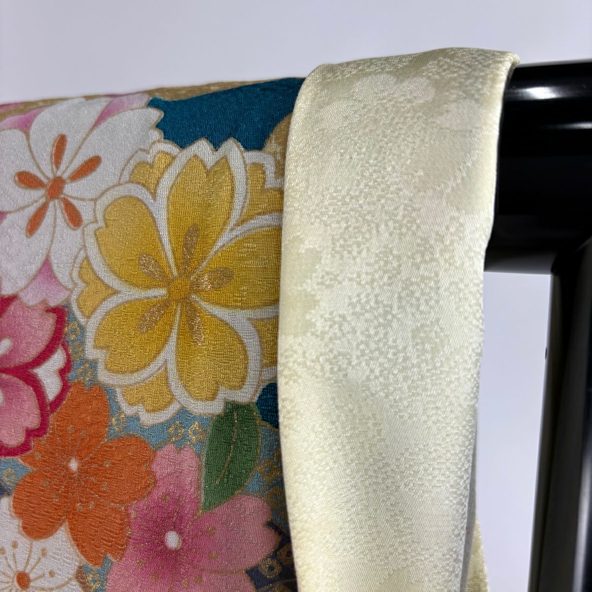 【庫存清倉】振袖禮服 身長167cm 袖長66cm M 雙層 草花紋紋 短冊 銀通 金銀彩 青綠 純蠶絲 美品 逸品級