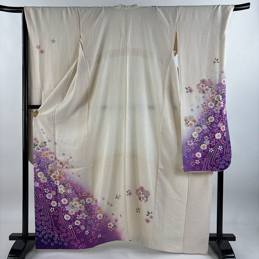 【庫存清倉】振袖禮服 身長162cm 袖長69.5cm L 雙層 櫻花 金銀彩 奶油色 純蠶絲 逸品級