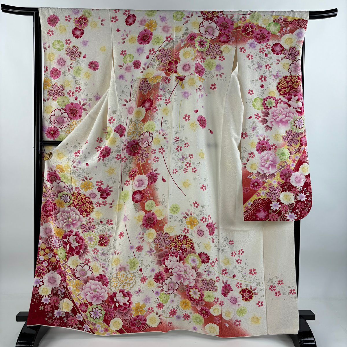 【庫存清倉】振袖禮服 身長165.5cm 袖長65.5cm M 雙層 牡丹 草花紋紋 金通 金銀彩 奶油色 純蠶絲 逸品級