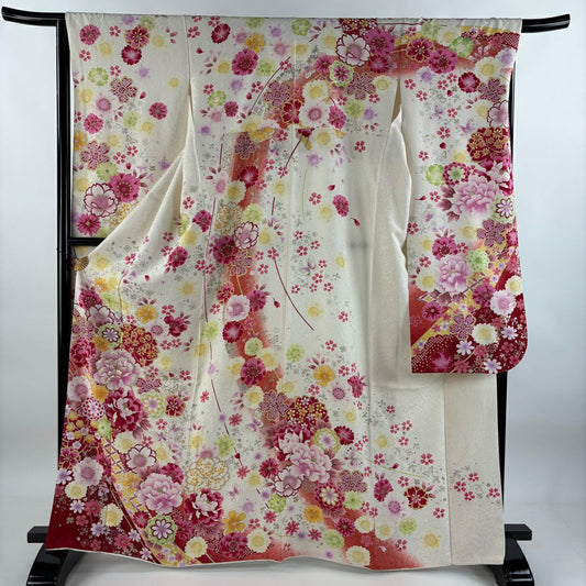 【庫存清倉】振袖禮服 身長165.5cm 袖長65.5cm M 雙層 牡丹 草花紋紋 金通 金銀彩 奶油色 純蠶絲 逸品級