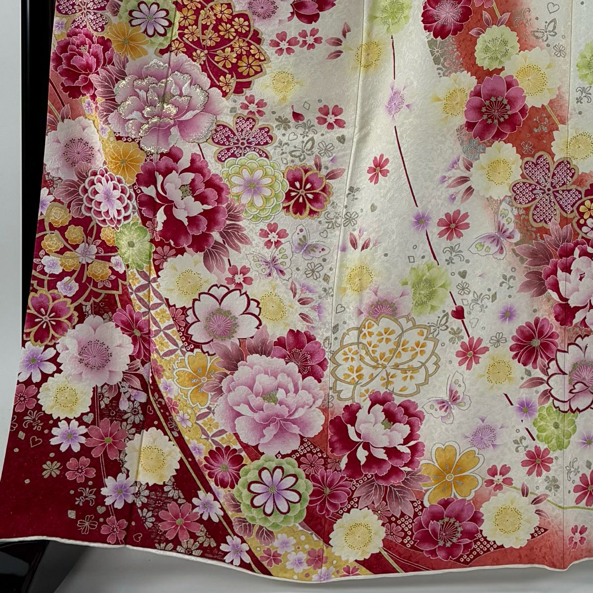 【庫存清倉】振袖禮服 身長165.5cm 袖長65.5cm M 雙層 牡丹 草花紋紋 金通 金銀彩 奶油色 純蠶絲 逸品級