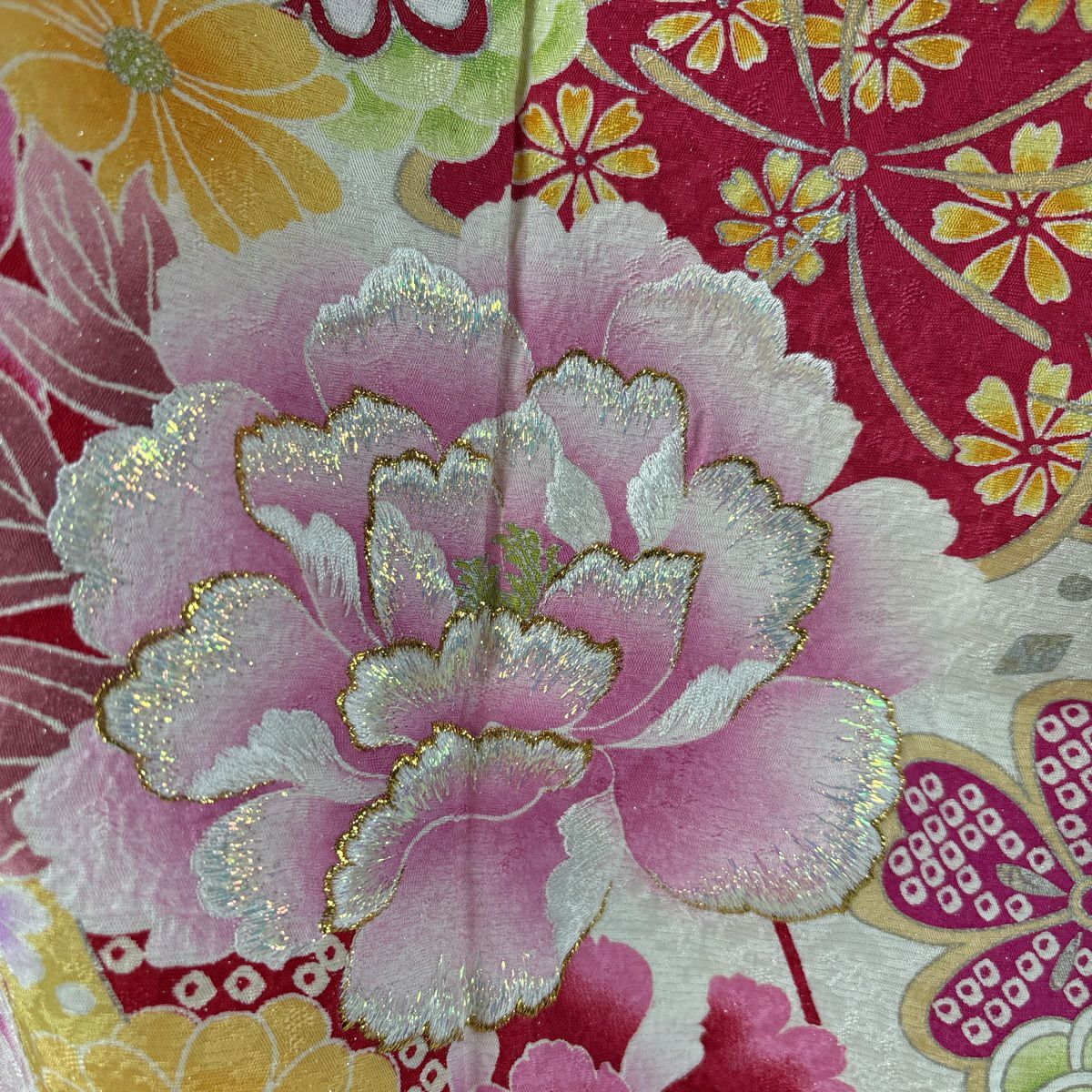 【庫存清倉】振袖禮服 身長165.5cm 袖長65.5cm M 雙層 牡丹 草花紋紋 金通 金銀彩 奶油色 純蠶絲 逸品級