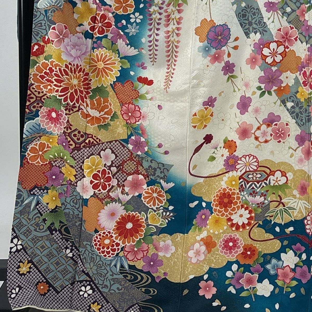 【庫存清倉】振袖禮服 身長169cm 袖長67cm M 雙層 草花紋紋 短冊 銀通 金銀彩 青綠 純蠶絲 逸品級