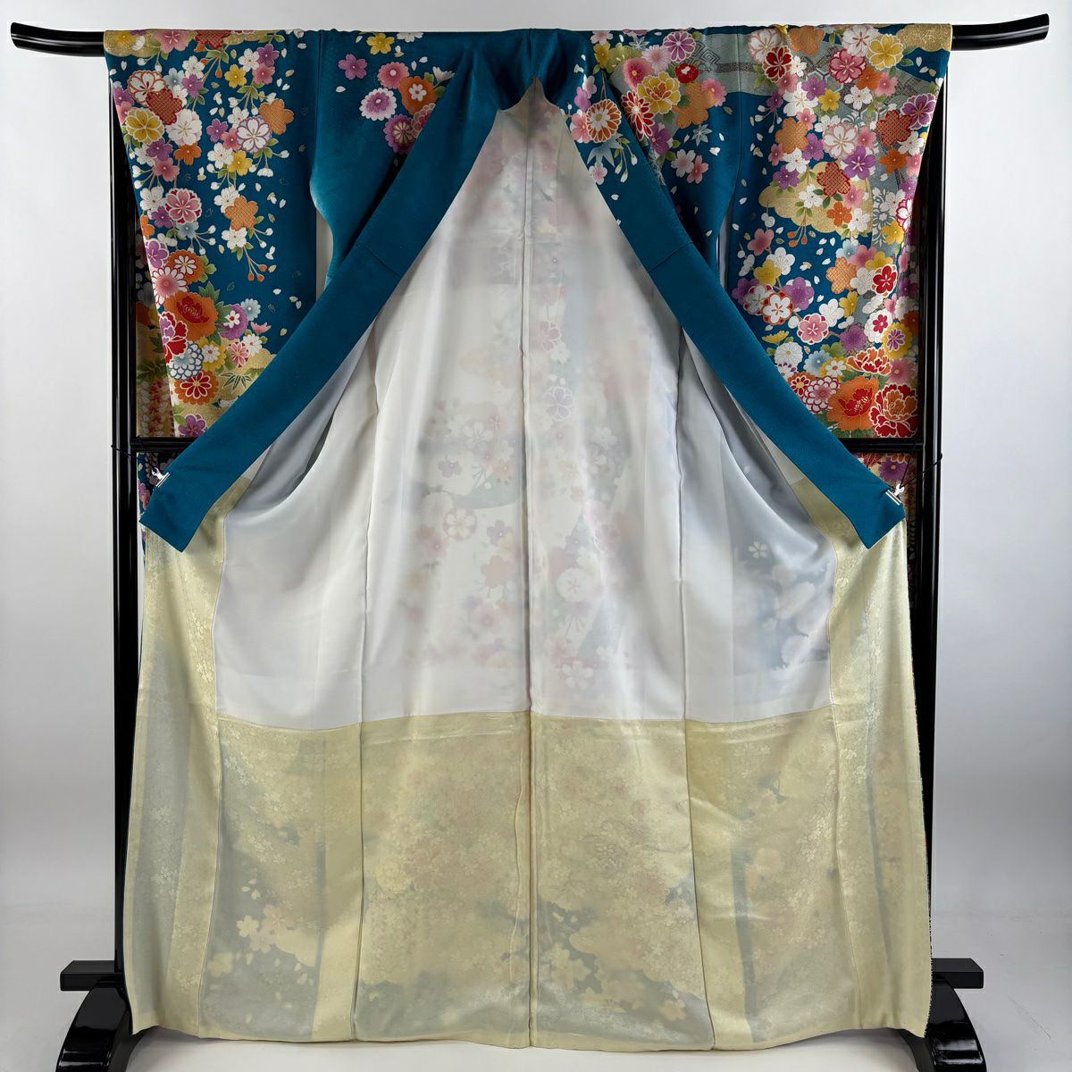 【庫存清倉】振袖禮服 身長169cm 袖長67cm M 雙層 草花紋紋 短冊 銀通 金銀彩 青綠 純蠶絲 逸品級
