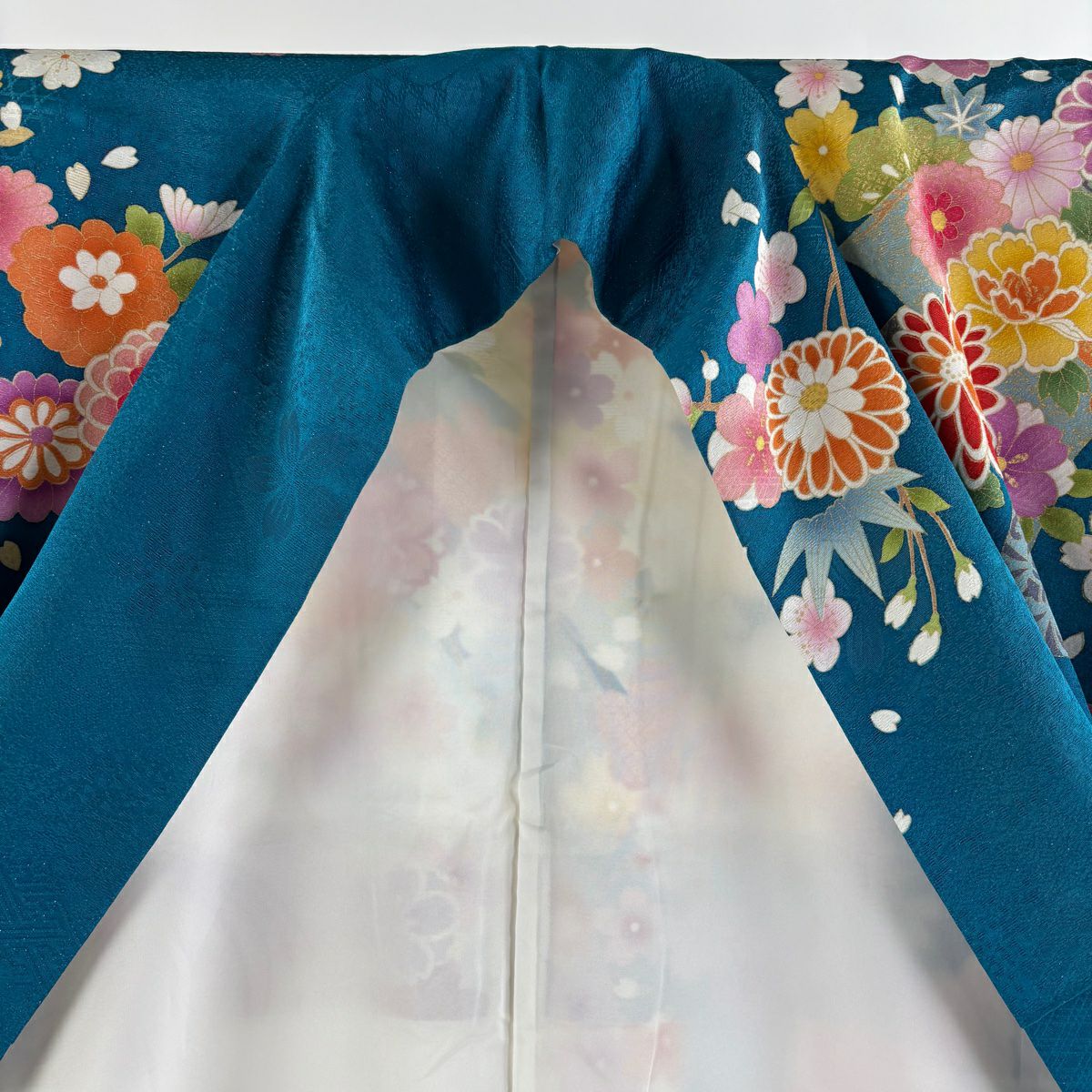 【庫存清倉】振袖禮服 身長169cm 袖長67cm M 雙層 草花紋紋 短冊 銀通 金銀彩 青綠 純蠶絲 逸品級