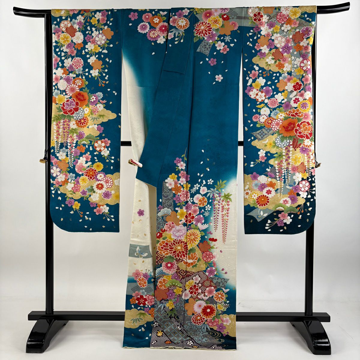 【庫存清倉】振袖禮服 身長169cm 袖長67cm M 雙層 草花紋紋 短冊 銀通 金銀彩 青綠 純蠶絲 逸品級