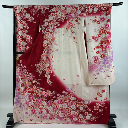 【清倉特賣】振袖禮服 身長170cm 袖長67cm M 雙層 草花紋紋 手毬 銀通 金銀彩 紅 純蠶絲 逸品級
