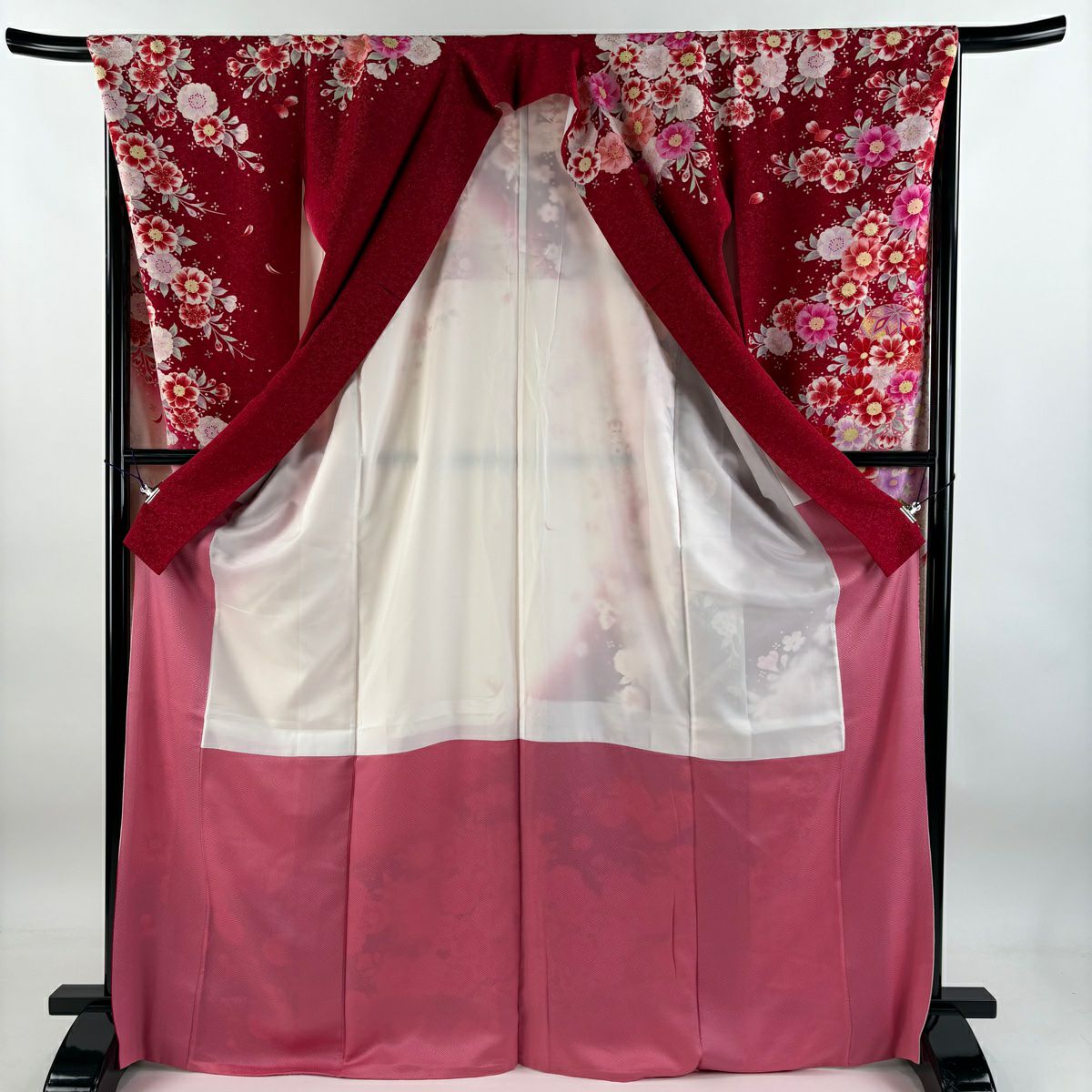 【清倉特賣】振袖禮服 身長170cm 袖長67cm M 雙層 草花紋紋 手毬 銀通 金銀彩 紅 純蠶絲 逸品級