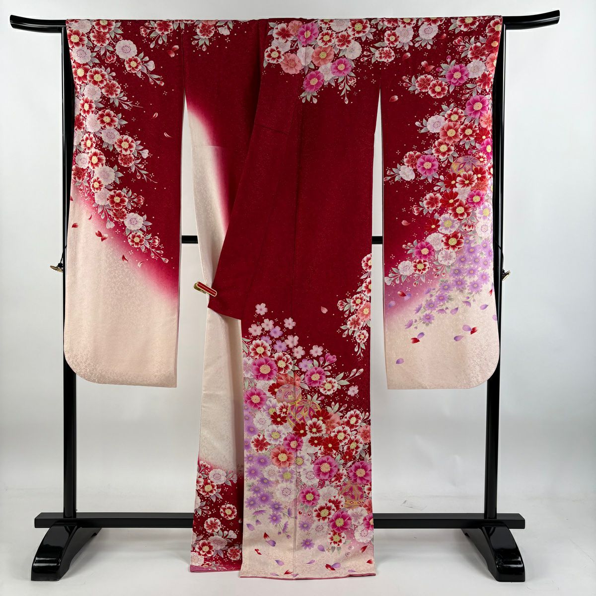 【清倉特賣】振袖禮服 身長170cm 袖長67cm M 雙層 草花紋紋 手毬 銀通 金銀彩 紅 純蠶絲 逸品級