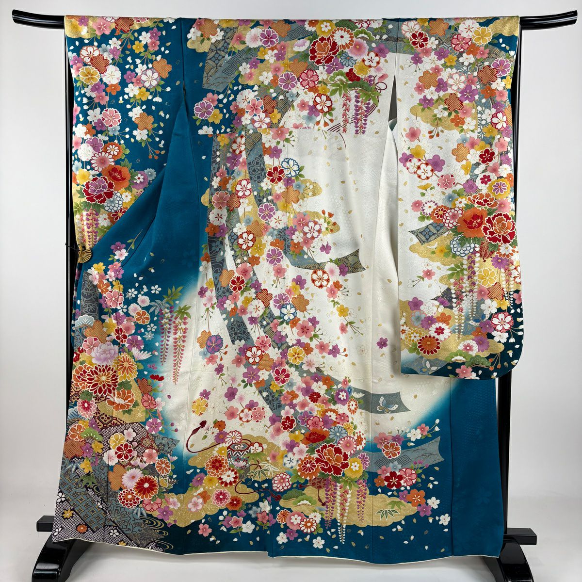 【庫存清倉】振袖禮服 身長165cm 袖長67cm M 雙層 菊花 松樹竹子梅花 銀通 金線 青綠 純蠶絲 美品 逸品級