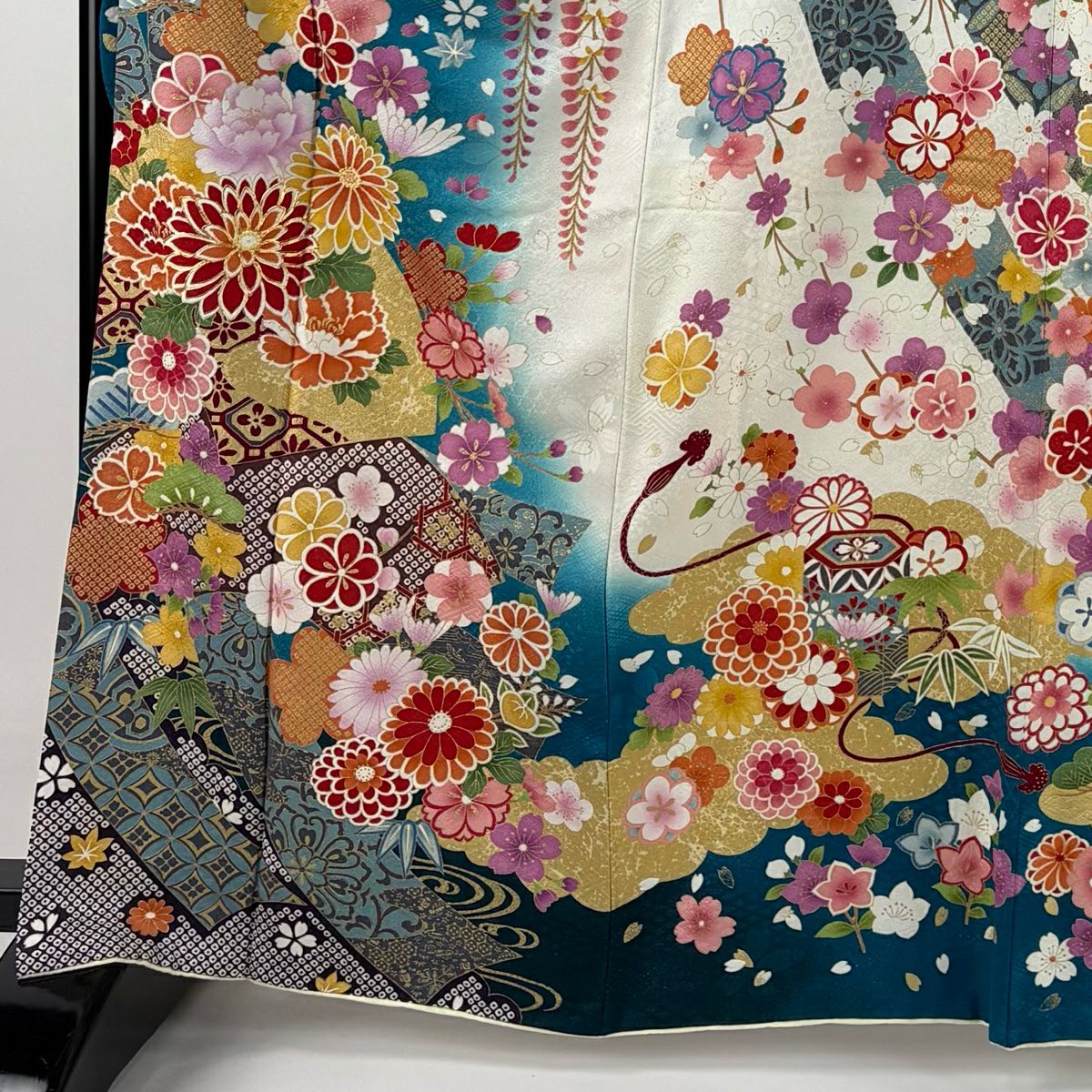 【庫存清倉】振袖禮服 身長165cm 袖長67cm M 雙層 菊花 松樹竹子梅花 銀通 金線 青綠 純蠶絲 美品 逸品級