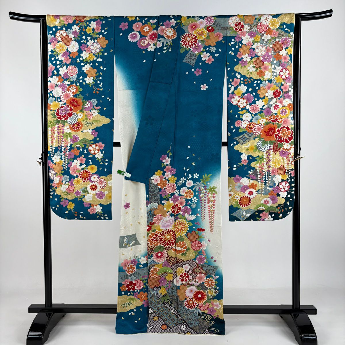 【庫存清倉】振袖禮服 身長165cm 袖長67cm M 雙層 菊花 松樹竹子梅花 銀通 金線 青綠 純蠶絲 美品 逸品級
