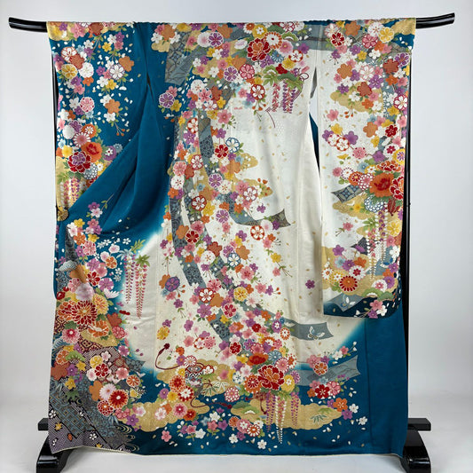 【庫存清倉】振袖禮服 身長169.5cm 袖長70cm L 雙層 菊花 松樹竹子梅花 銀通 金絲 青綠 純蠶絲 美品 逸品級