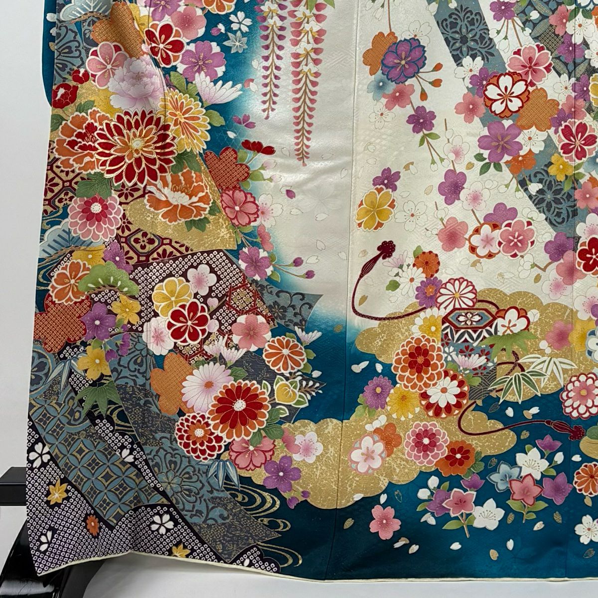 【庫存清倉】振袖禮服 身長169.5cm 袖長70cm L 雙層 菊花 松樹竹子梅花 銀通 金絲 青綠 純蠶絲 美品 逸品級