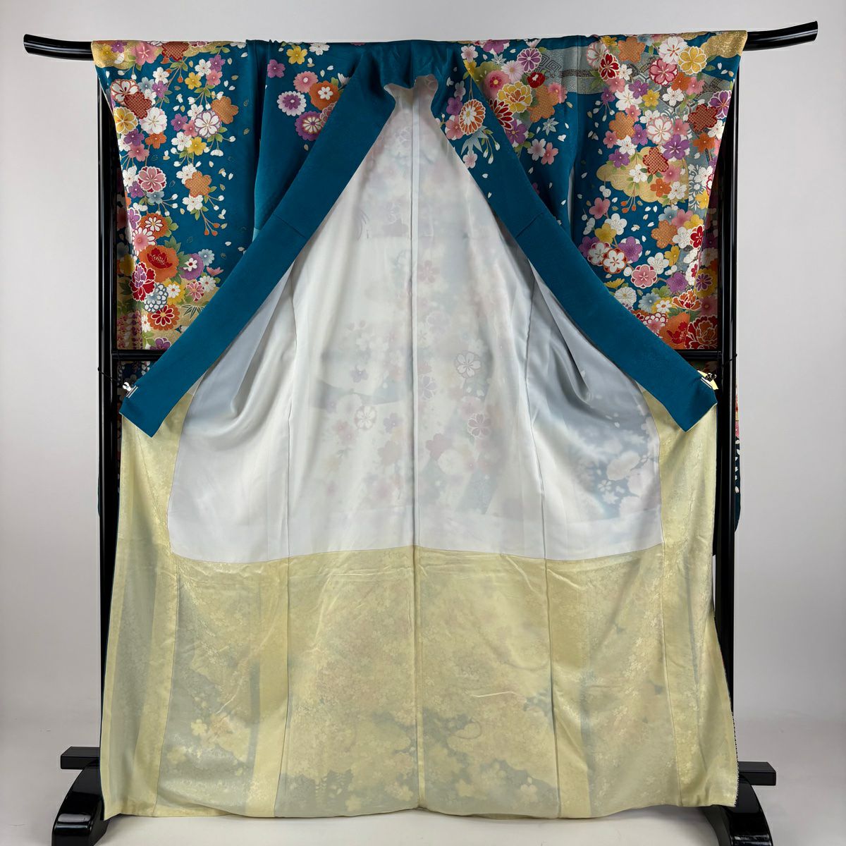 【庫存清倉】振袖禮服 身長169.5cm 袖長70cm L 雙層 菊花 松樹竹子梅花 銀通 金絲 青綠 純蠶絲 美品 逸品級