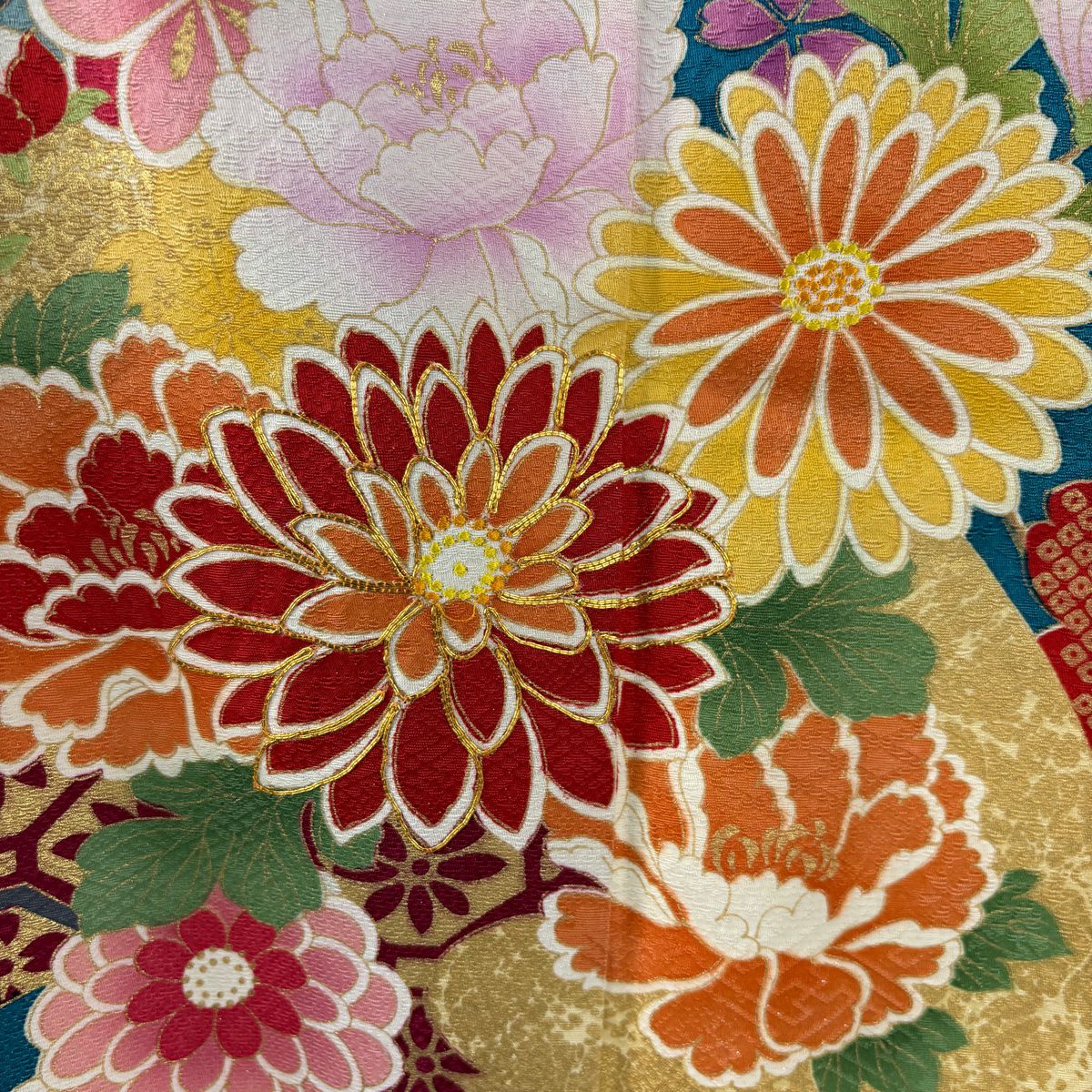 【庫存清倉】振袖禮服 身長169.5cm 袖長70cm L 雙層 菊花 松樹竹子梅花 銀通 金絲 青綠 純蠶絲 美品 逸品級