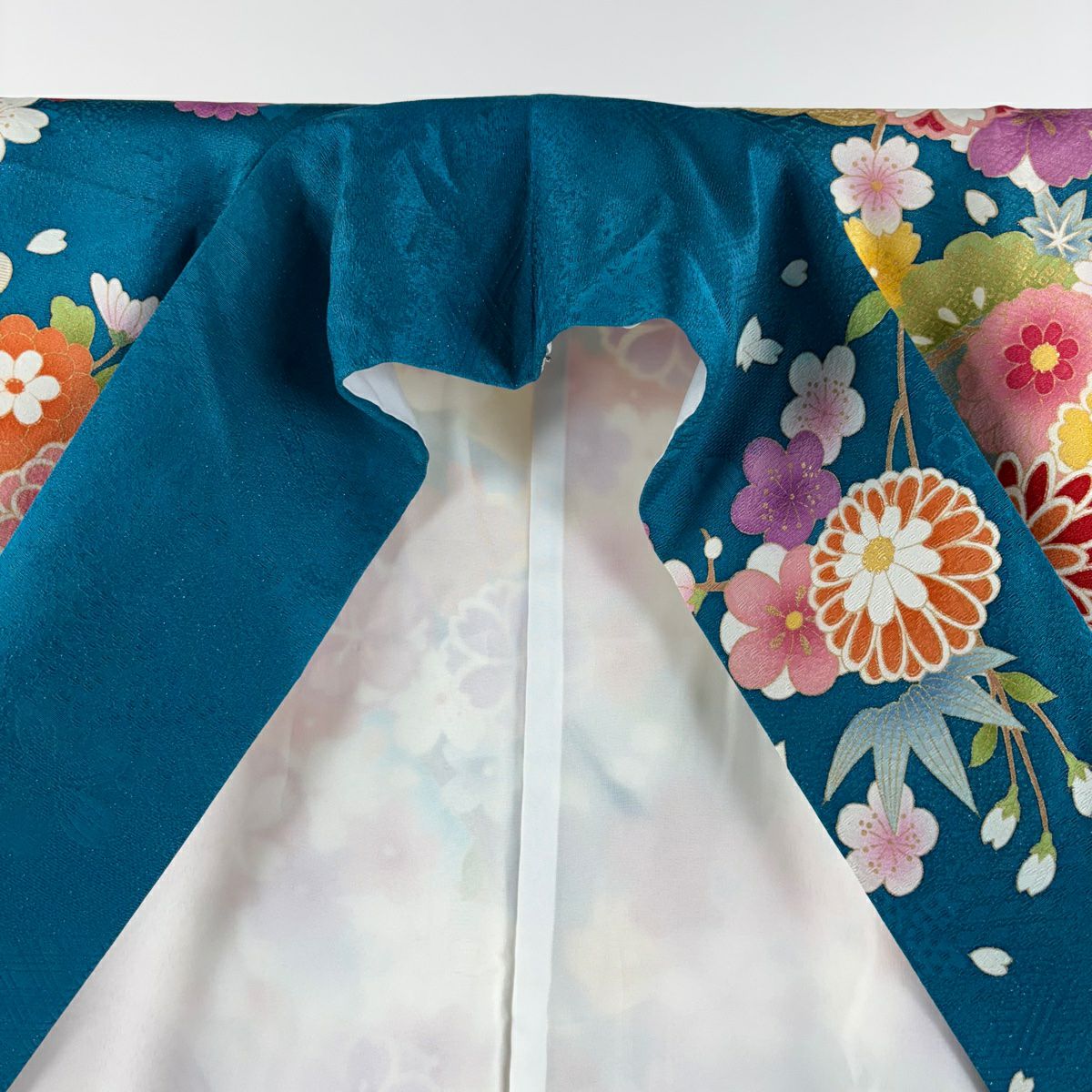 【庫存清倉】振袖禮服 身長169.5cm 袖長70cm L 雙層 菊花 松樹竹子梅花 銀通 金絲 青綠 純蠶絲 美品 逸品級