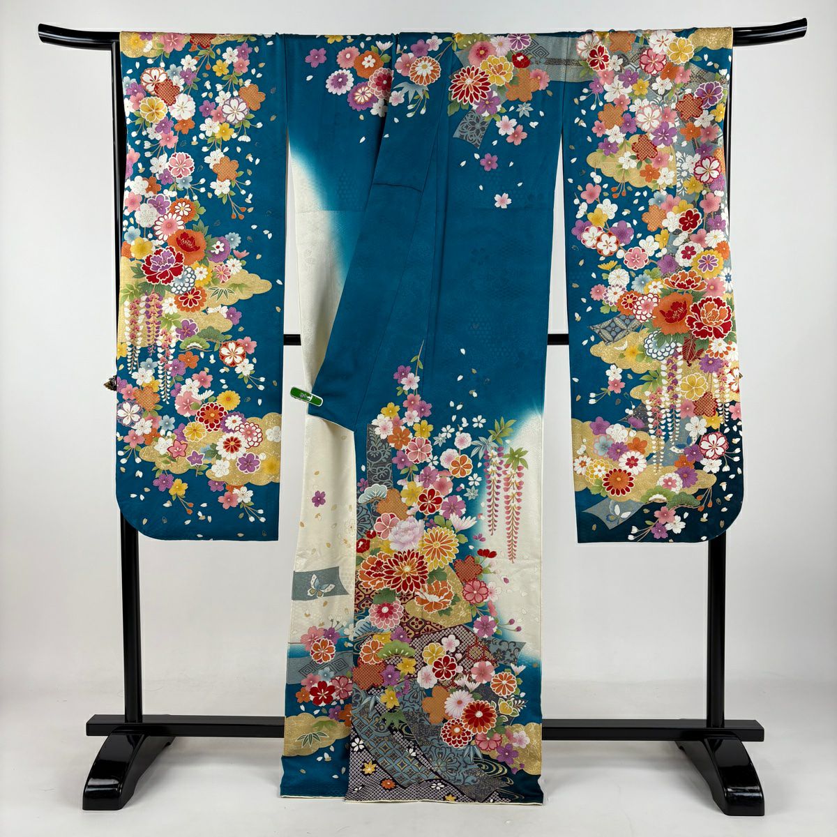 【庫存清倉】振袖禮服 身長169.5cm 袖長70cm L 雙層 菊花 松樹竹子梅花 銀通 金絲 青綠 純蠶絲 美品 逸品級