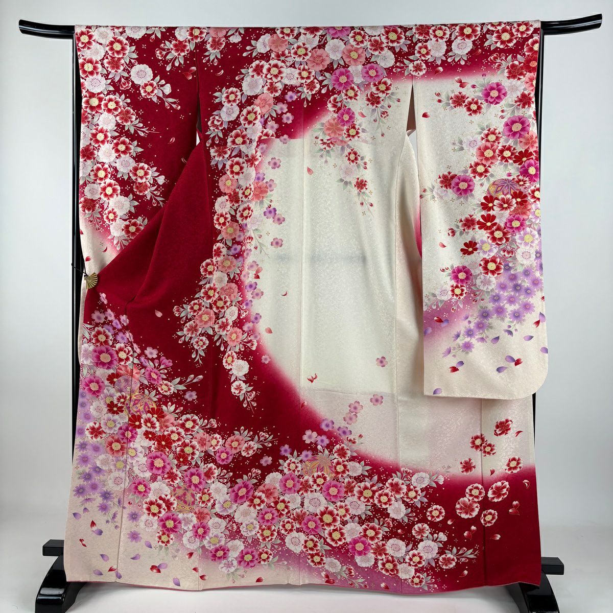【庫存清倉】振袖禮服 身長167.5cm 袖長66cm M 雙層 手鞠 櫻花 金銀彩 刺繡 紅 純蠶絲 美品 逸品級