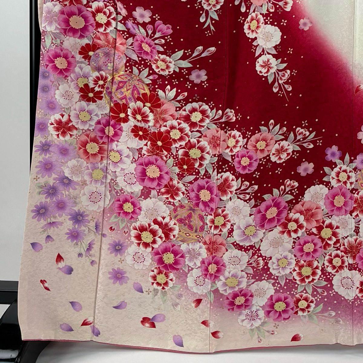【庫存清倉】振袖禮服 身長167.5cm 袖長66cm M 雙層 手鞠 櫻花 金銀彩 刺繡 紅 純蠶絲 美品 逸品級