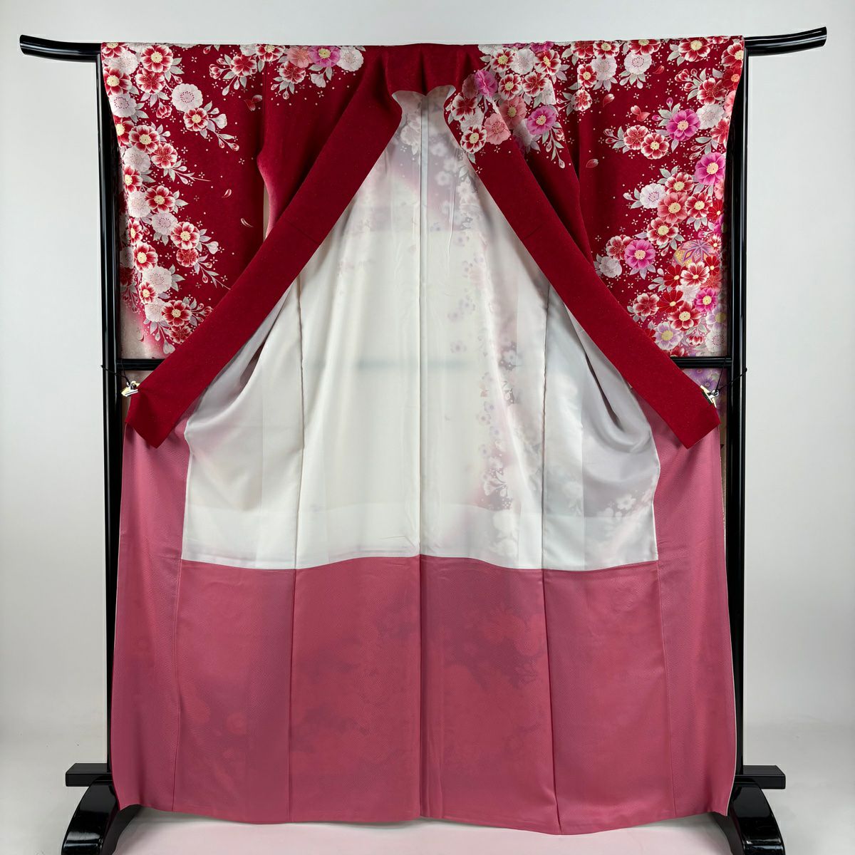 【庫存清倉】振袖禮服 身長167.5cm 袖長66cm M 雙層 手鞠 櫻花 金銀彩 刺繡 紅 純蠶絲 美品 逸品級